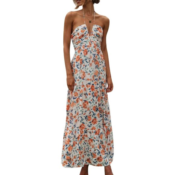 Dresses & Skirts - Women's Floral Maxi Dress Boho Sleeveless Summer Backless Ruffle Size Small